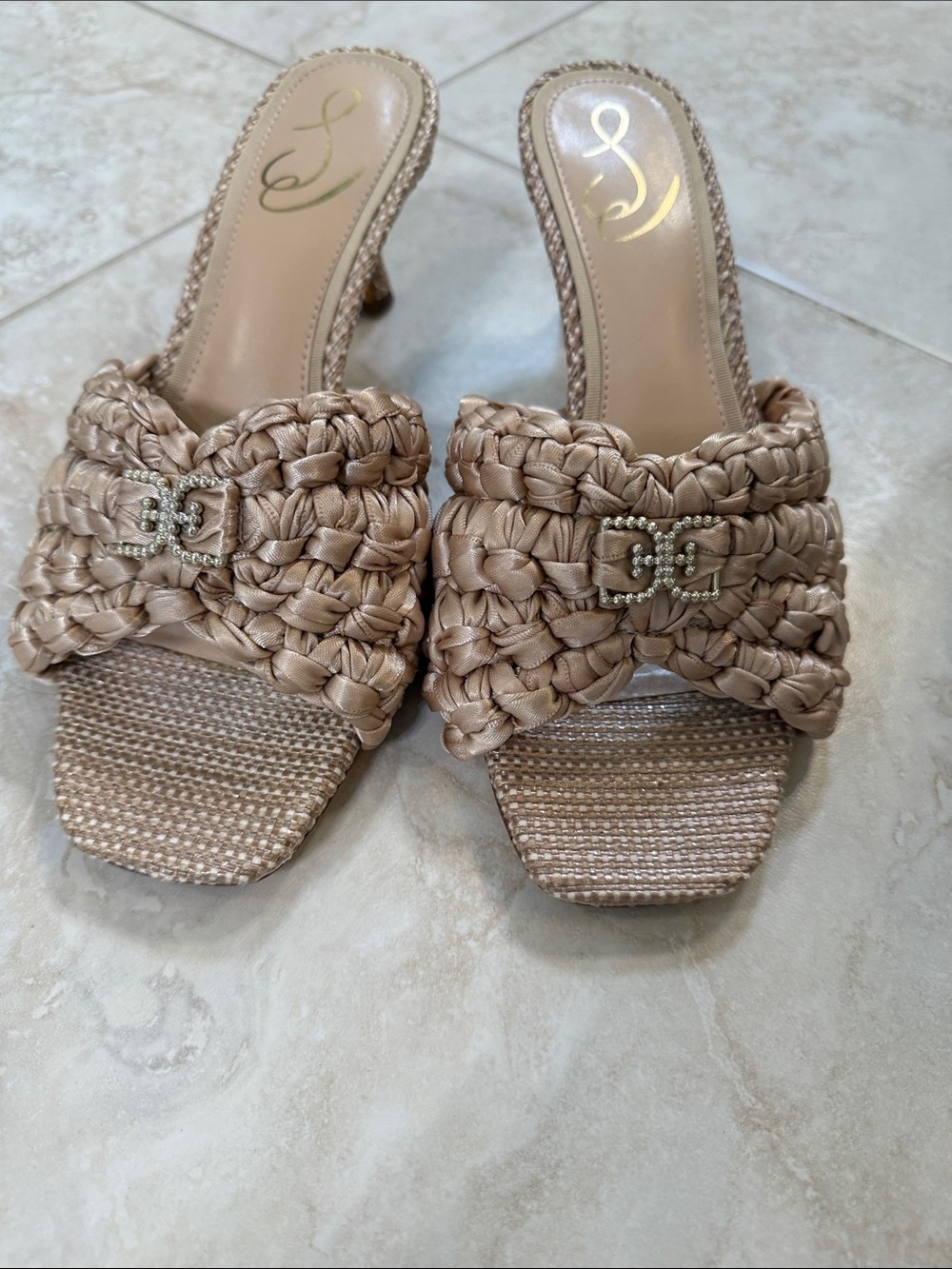 Jessica Simpson Braided Satin Mule Sandals in Champagne
